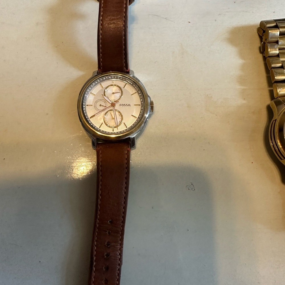 Fossil Silver Dial Watch with Brown Leather Band